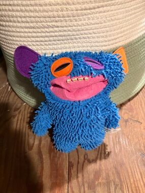 Blue Plush Monster Dog Toy with Colorful Ears and Mouth